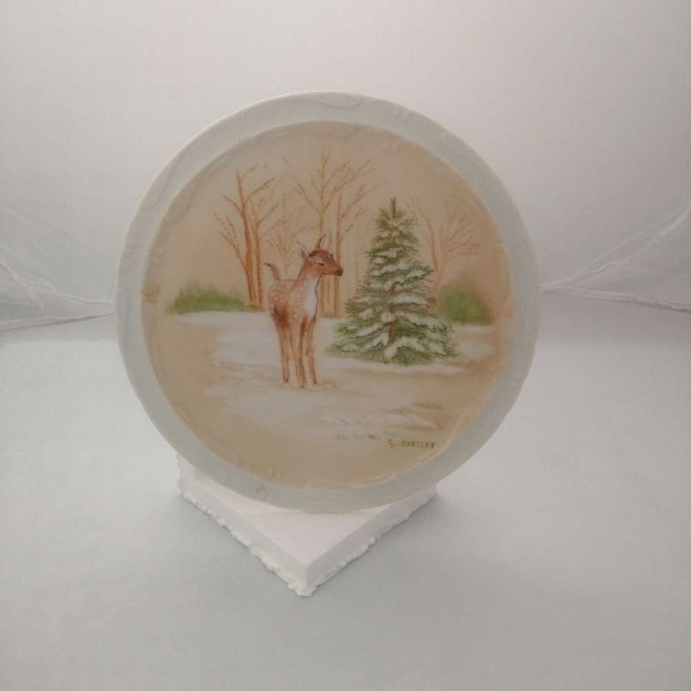 Vintage G Ouellet Winter Deer Porcelain Collector Plate Wall Hanging